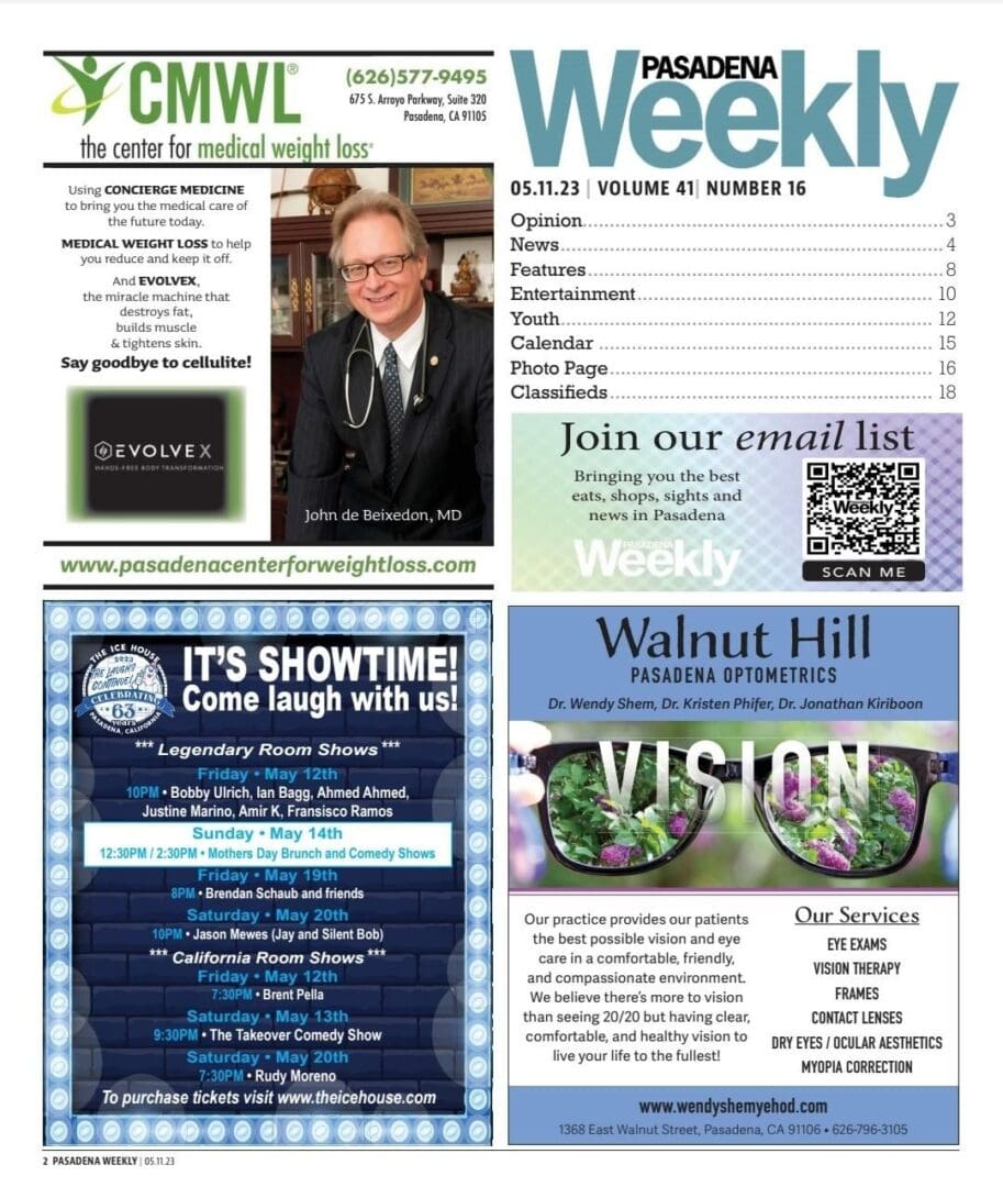 A page of the weekly newsletter with photos and information.